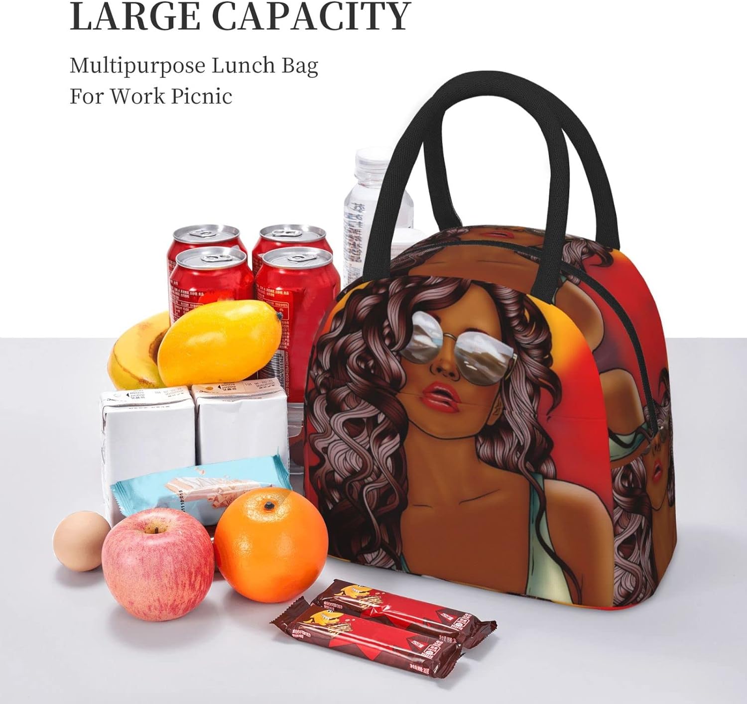 Fiokroo Bolsa de almuerzo aislada con aislamiento para niñas afroamericanas, reutilizable, impermeable, bolsa de almuerzo para escuela, trabajo,