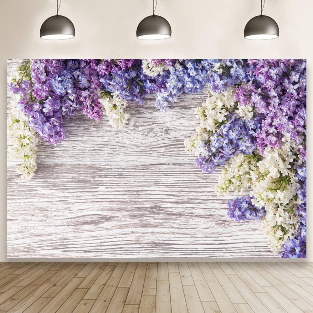 Telón de fondo de madera para bebé recién nacido de 5 x 3 pies, flores moradas lilas, ramo de flores, pared de madera, para niñas y adultos, retrato