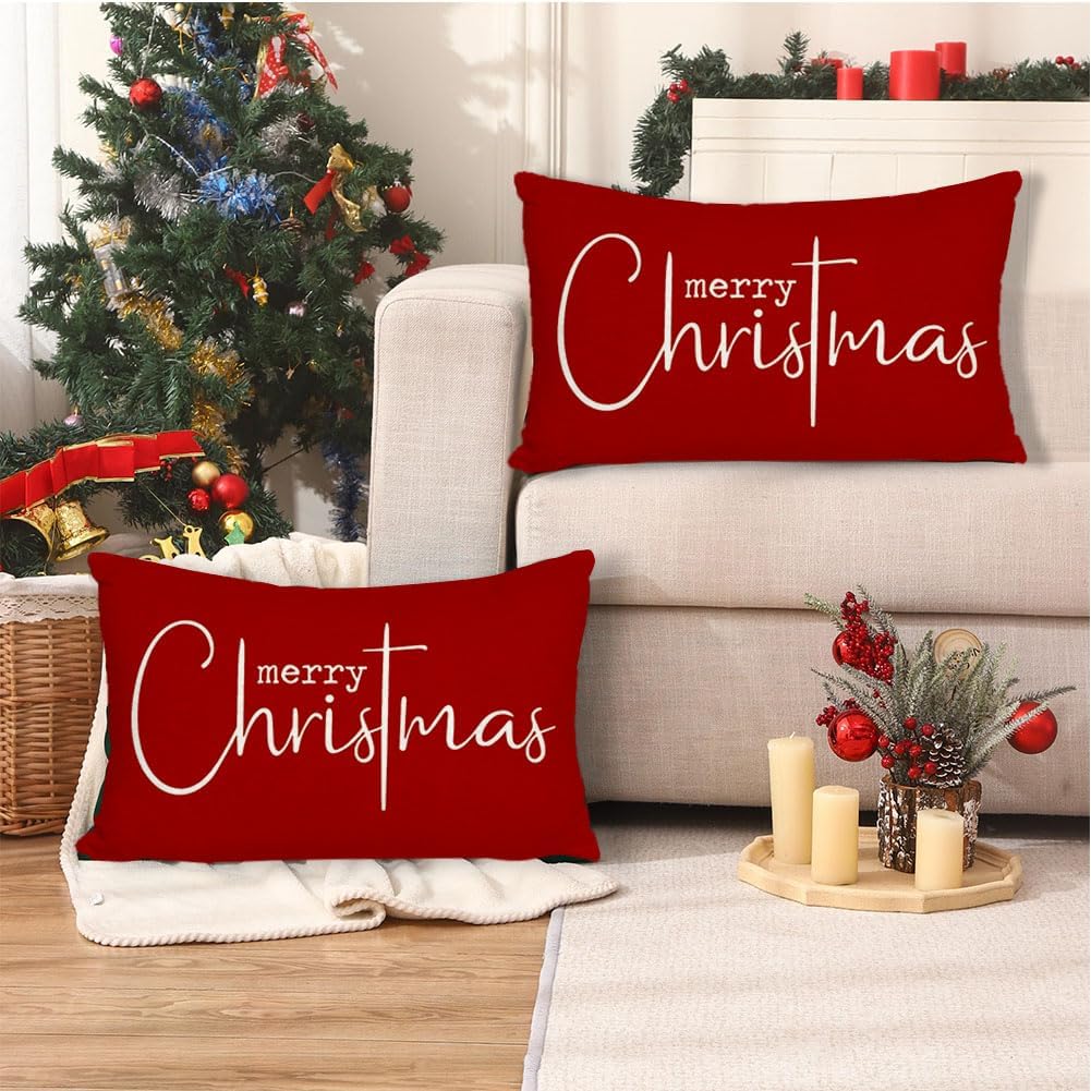 RABUSOFA Fundas de almohada de Navidad de 12 x 20 pulgadas, fundas de almohada rojas de Navidad, almohadas decorativas, fundas de cojín de Navidad
