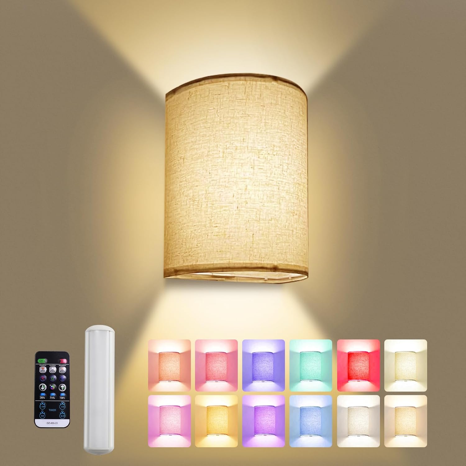 Moobibear Aplique de pared a pilas, 16 colores RGB cambiables, luz de pared regulable con control remoto, apliques de tela de altura, iluminación de