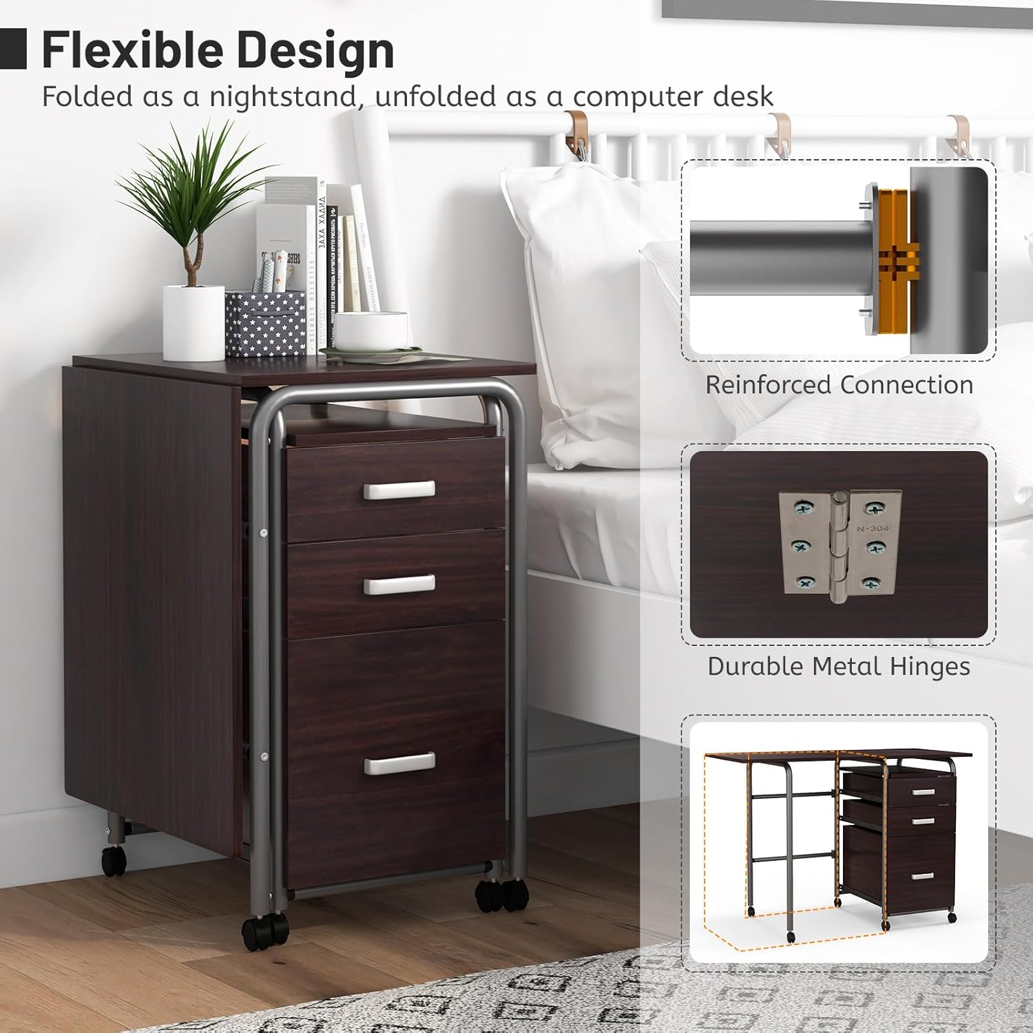 Giantex Escritorio plegable para espacio pequeño, escritorio de oficina en casa rodante con 3 cajones y ruedas universales con cerradura, escritorio