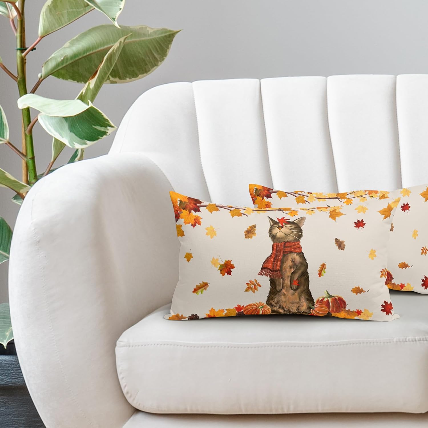Juego de 2 fundas de almohada lumbar de otoño de 12 x 20 pulgadas con hojas de arce naranja y calabaza, juego de 2 fundas de cojín de lino de Acción