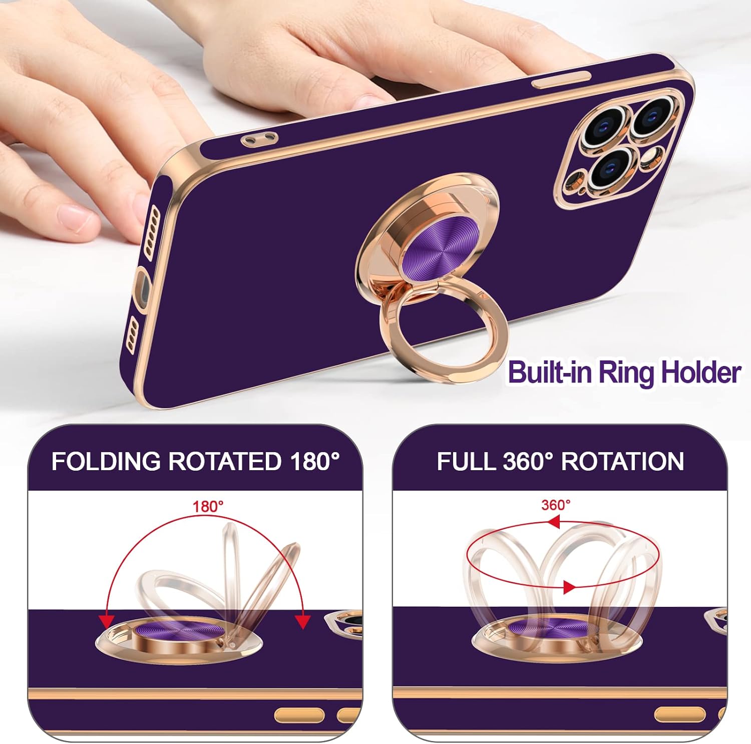 Hython Funda para iPhone 12 Pro Max con soporte de anillo Soporte de anillo giratorio de 360 Soporte magnético Forro de microfibra suave Chapado en