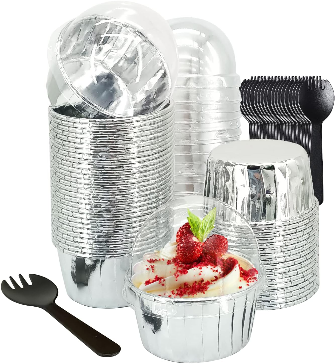 LNYZQUS – Paquete de 50 forros de papel de aluminio para cupcakes con tapas de cúpula, tazas grandes para magdalenas de 5.5 onzas, moldes