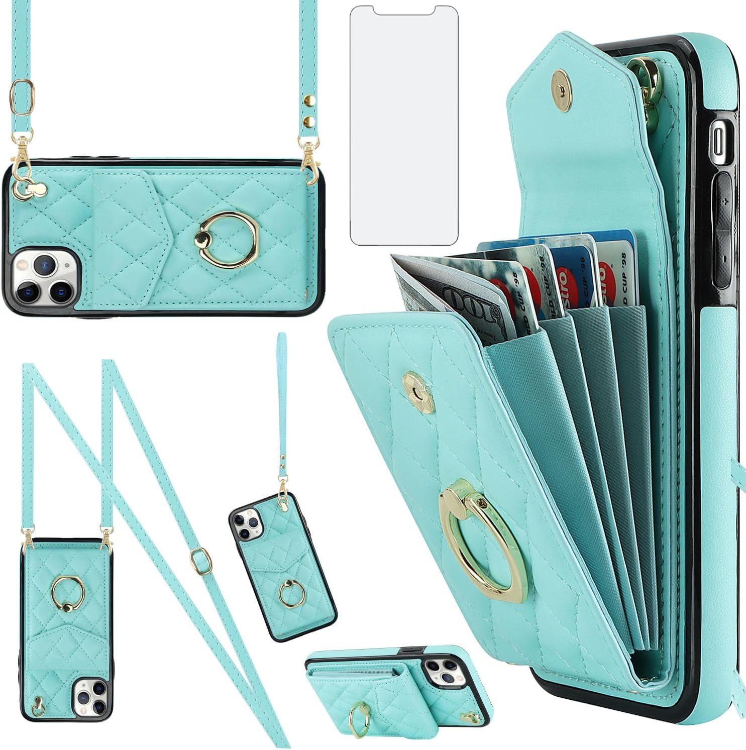 Asuwish Funda de teléfono para iPhone 11 Pro Max 6.5, funda tipo cartera con protector de pantalla de vidrio templado y correa cruzada para la