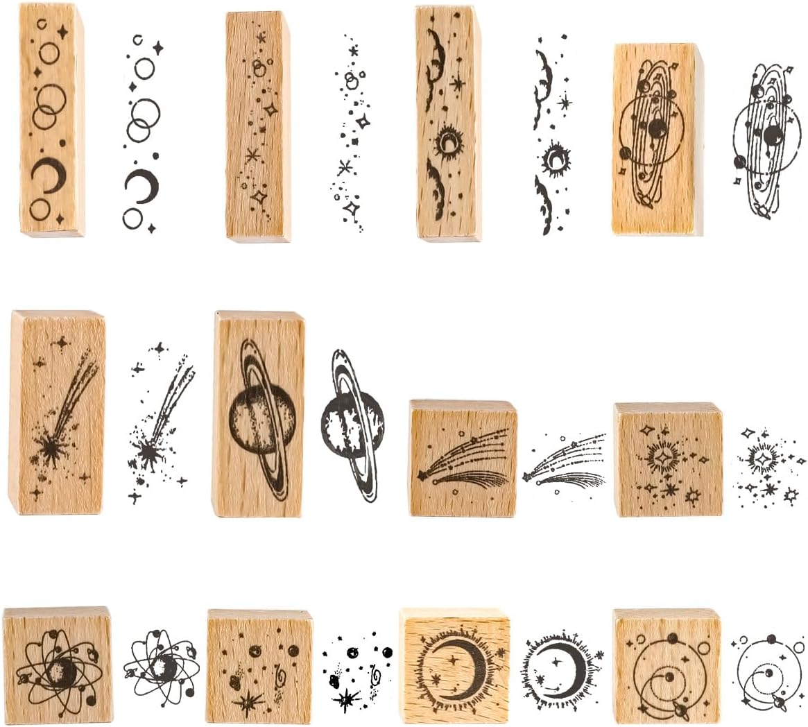 Sello de goma con patrones de plantas de madera, juego de sellos de goma de madera decorativos estrellados para manualidades, tarjetas, álbumes de