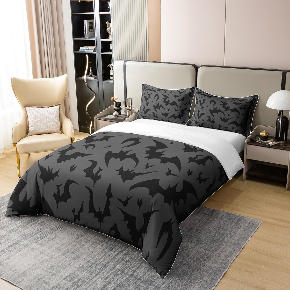 Juego de ropa de cama 100% algodón natural con patrón de murciélagos, tamaño individual, funda de edredón para niños con 1 funda de almohada, color