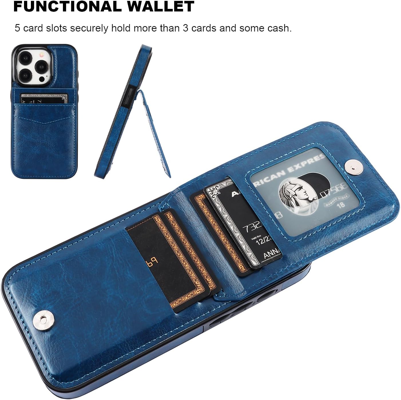 KIHUWEY Funda compatible con iPhone 15 Pro con soporte para tarjeta de crédito, cierre magnético de cuero de alta calidad, función atril, funda