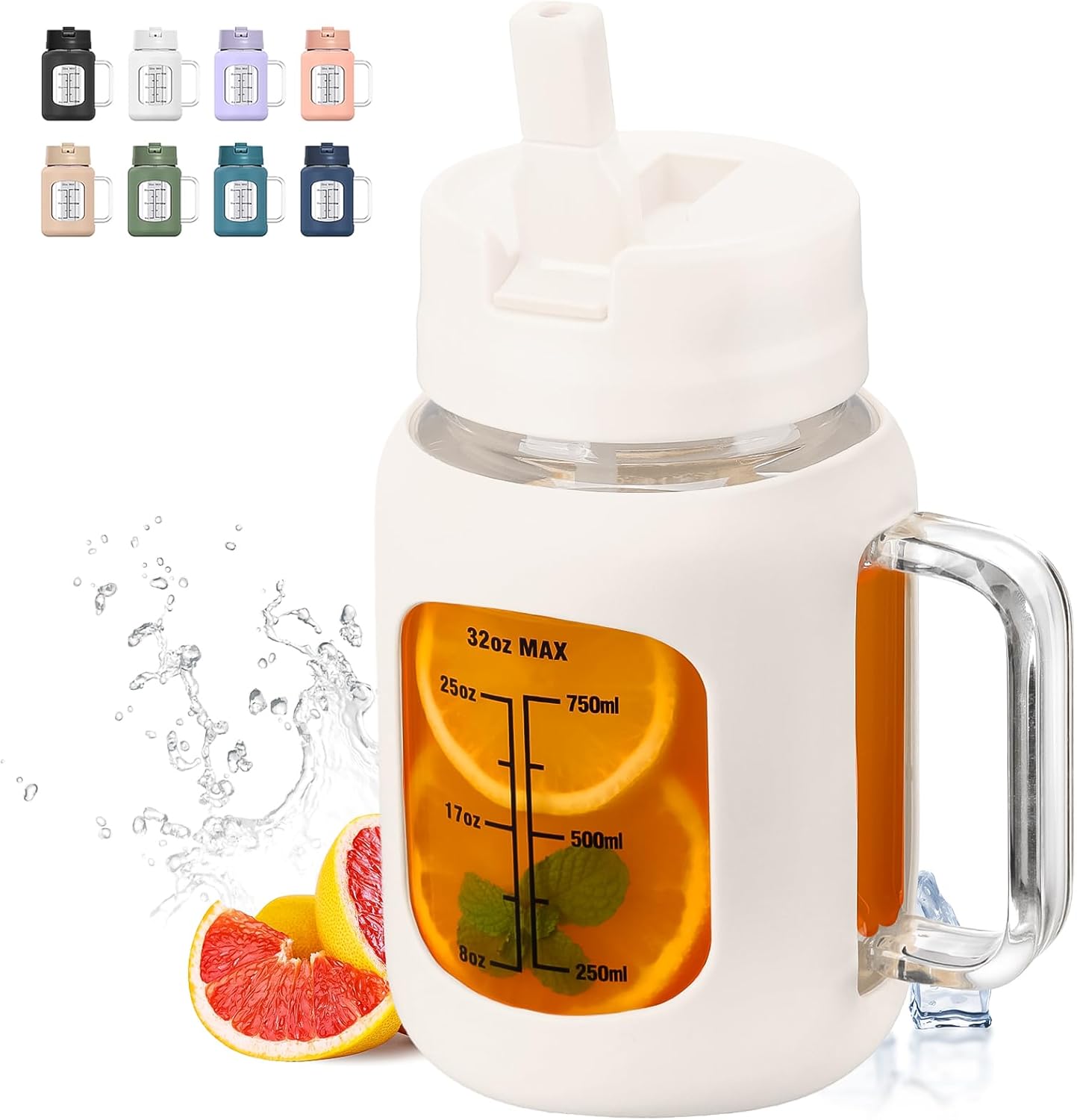 Botella de agua de vidrio de 32 onzas con asa, vaso de vidrio 100% a prueba de fugas con tapa de popote incorporada, reutilizable, vaso de agua de