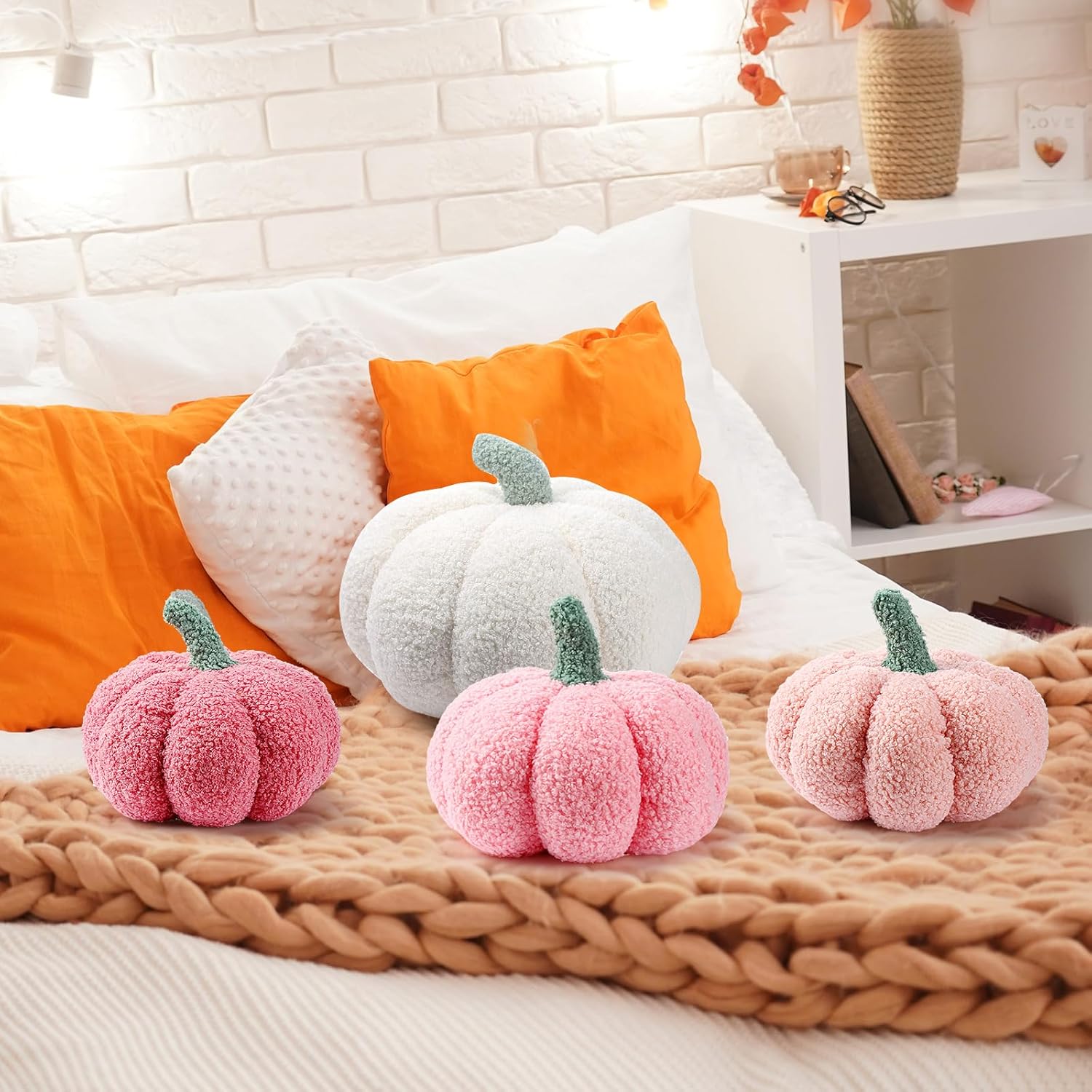 Kajaia 4 cojines de calabaza 3D de Acción de Gracias, almohada de calabaza de Halloween, sherpa, otoño, calabaza, almohada de peluche para niños, 11