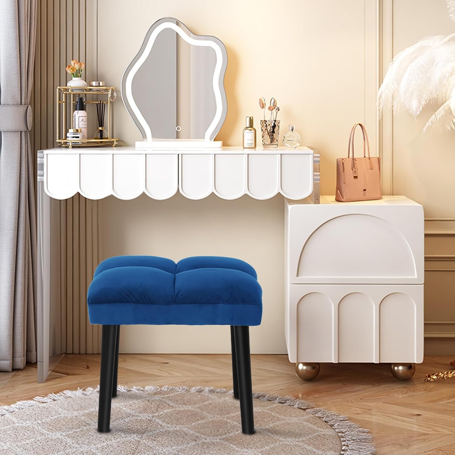 HOUCHICS Taburete otomano suave azul, taburete cuadrado de maquillaje con patas de madera, pequeña silla otomana para tocador, asiento acolchado