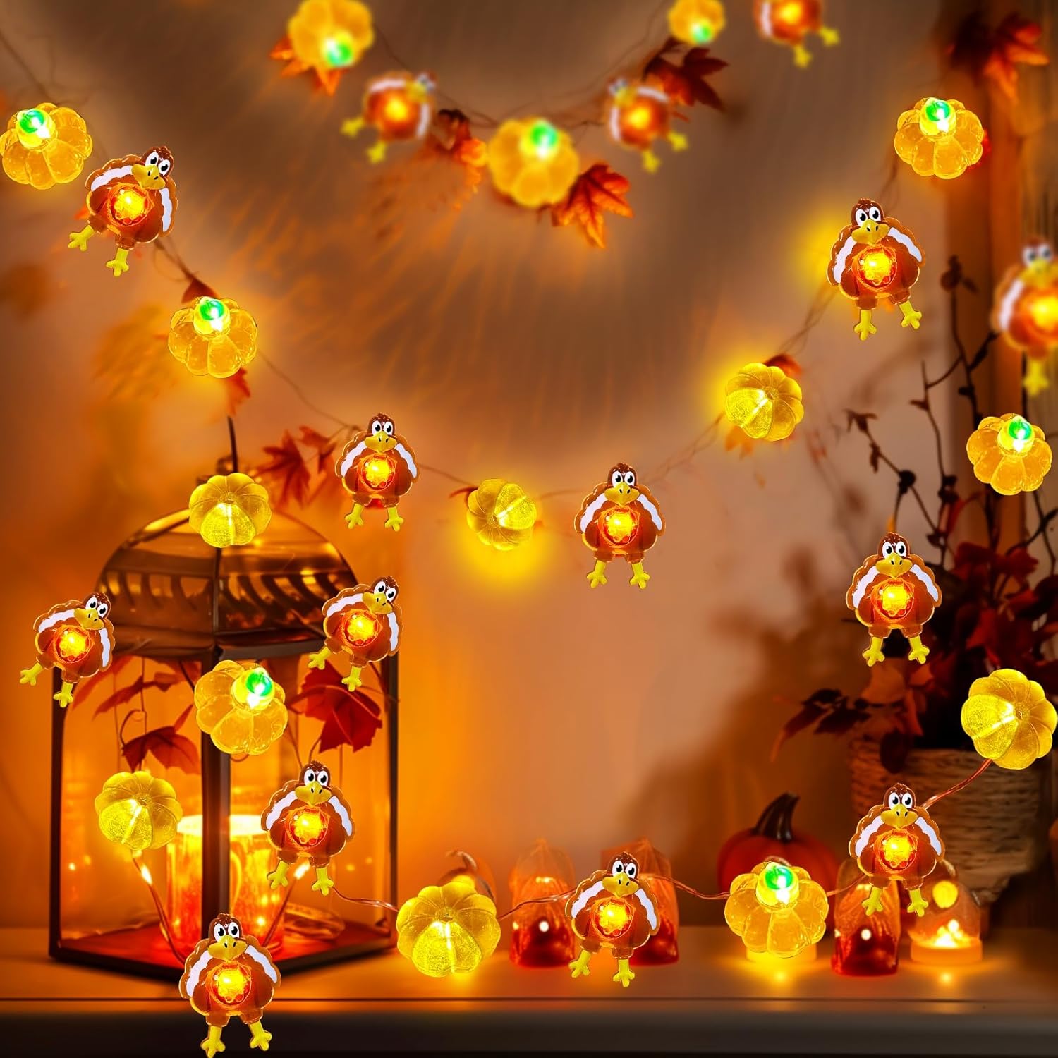 TURNMEON Guirnalda de luces de calabaza 3D de pavo de Acción de Gracias, 6.56 pies, 20 luces LED, funciona con pilas, alambre de cobre, guirnalda de