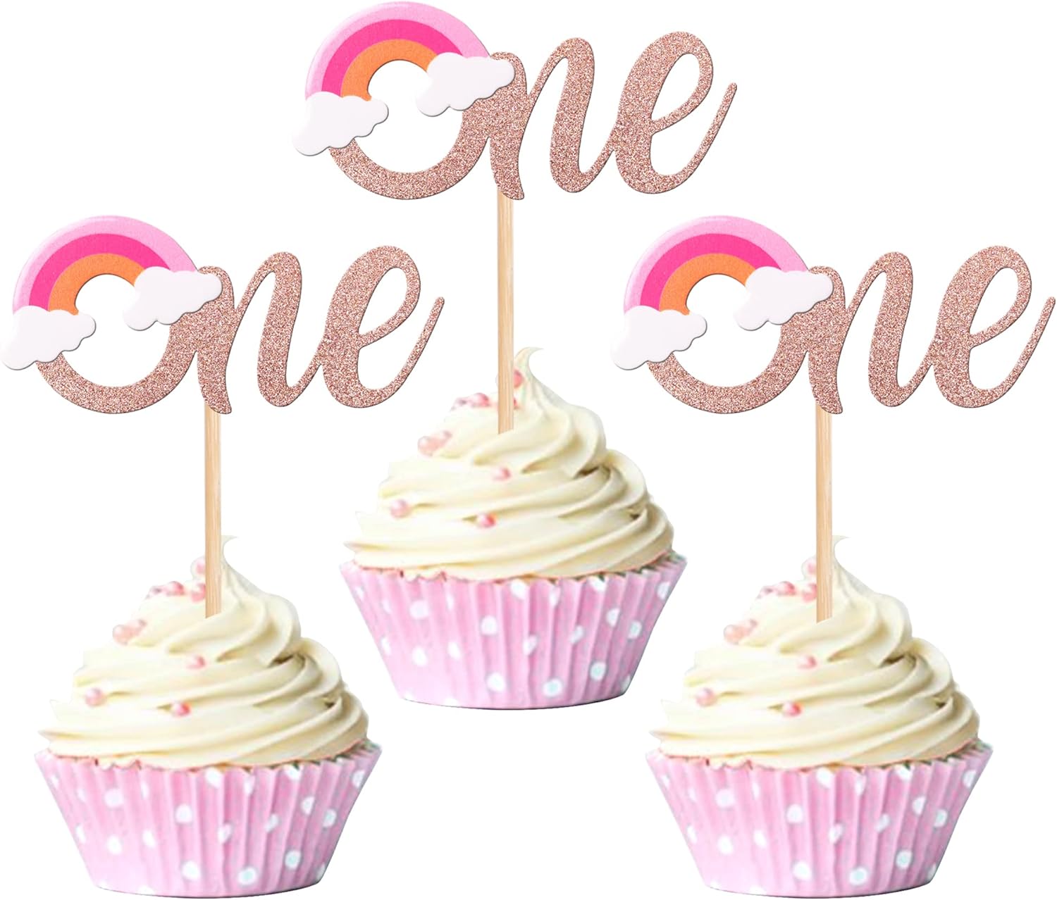 Paquete de 24 adornos para cupcakes de arcoíris con purpurina para el primer cumpleaños, decoración para baby shower, niñas, niños, fiesta de primer
