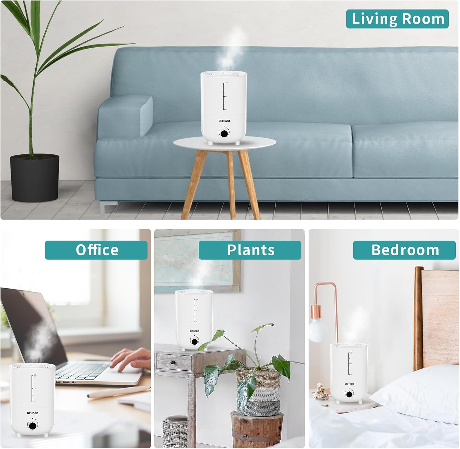 DEHOZO Humidificadores para dormitorio, bebé, 2.6 L, llenado superior para habitaciones grandes, oficinas, habitación de niños, 25 dB, silencioso,