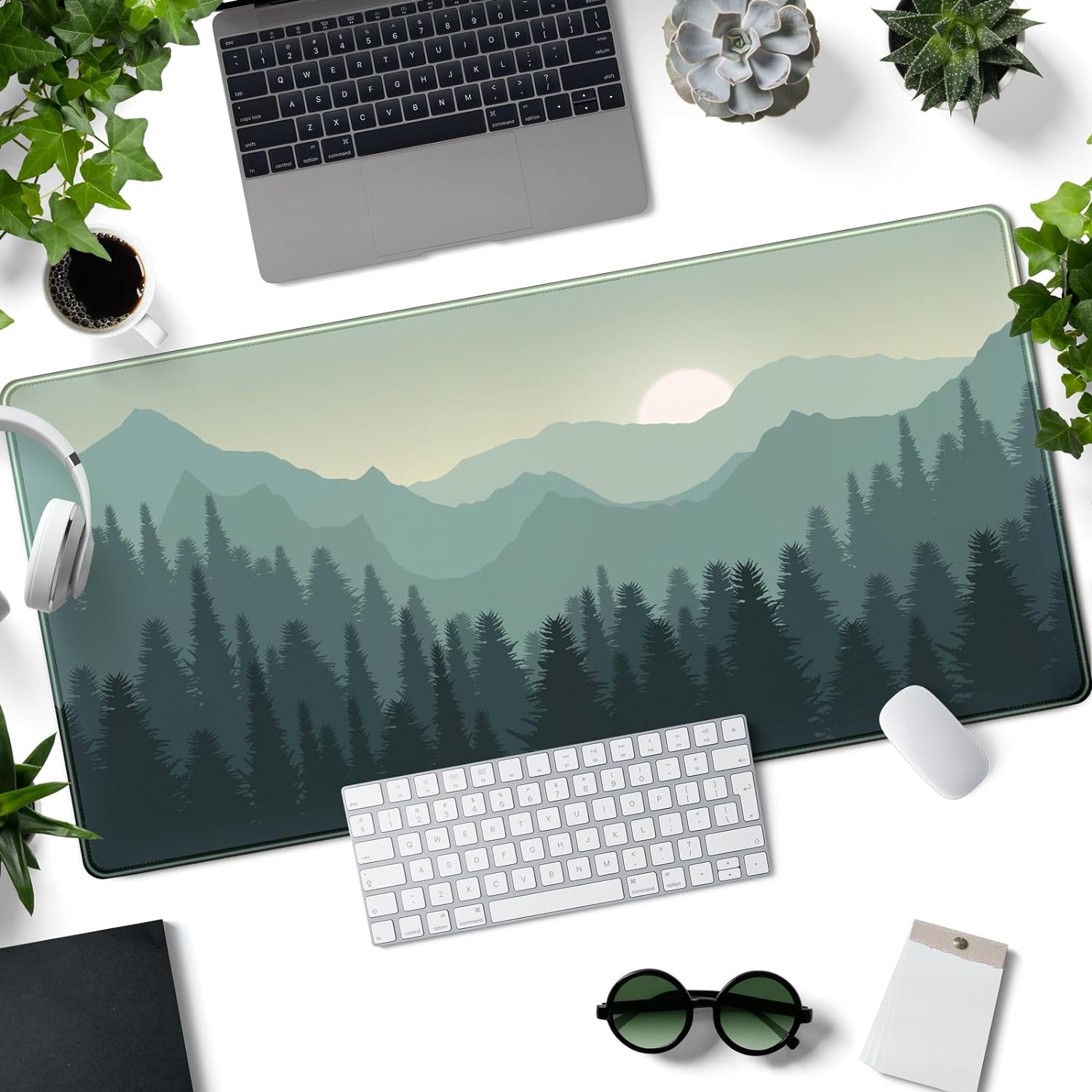 Tapete de escritorio de bosque, grande, XXL, extendido, grande, para juegos, puesta de sol, montañas, paisaje, naturaleza, tapete para teclado,