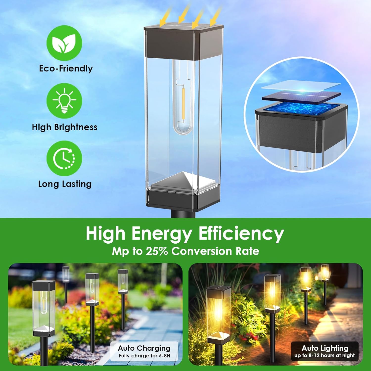 Paquete de 8 luces solares para caminos al aire libre, luces solares impermeables para exteriores, luces LED solares para jardín con bombilla de