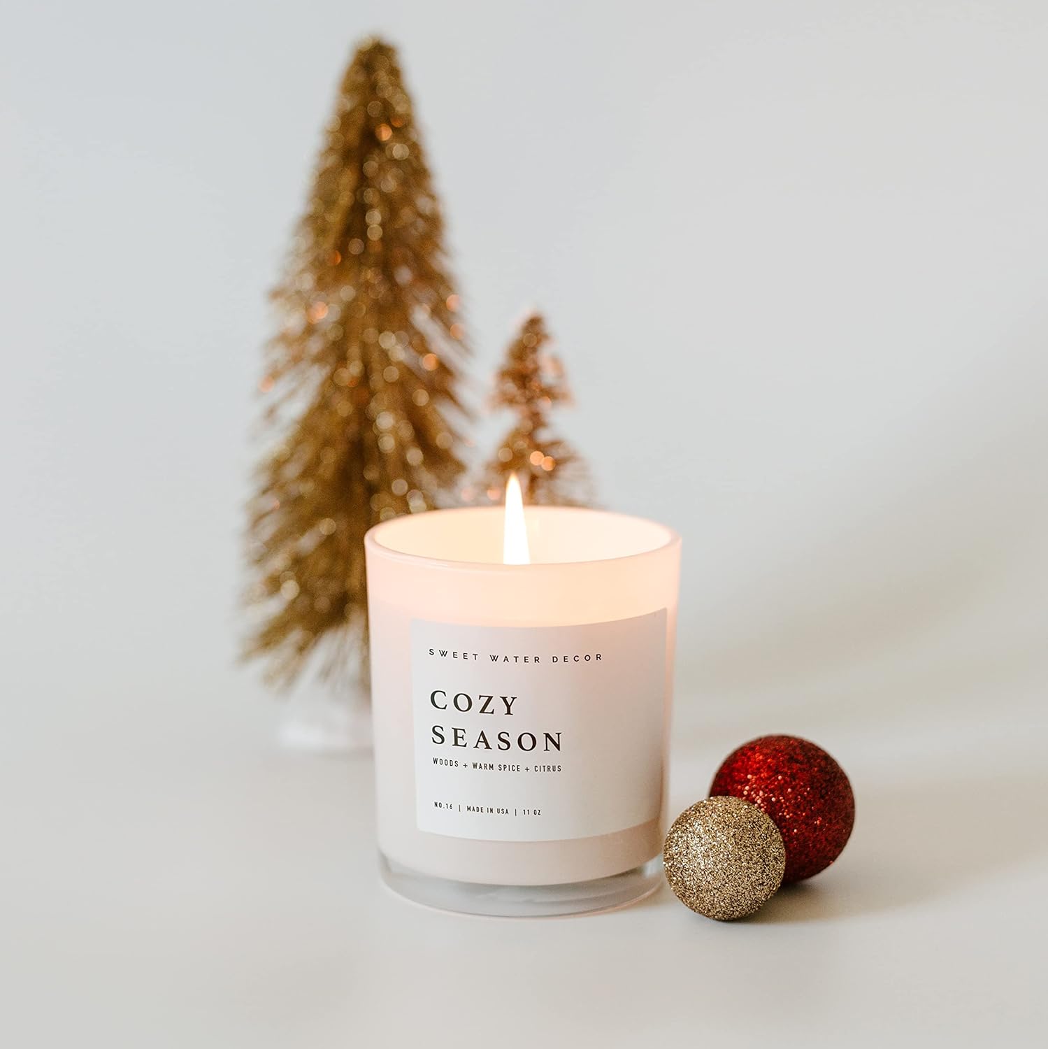 Sweet Water Decor Cozy Season Soy Candle  Woods, Warm Spice, and Citrus Fall Scented Candles for Home  11oz White Jar + Wood Lid, 50+ Hour Burn