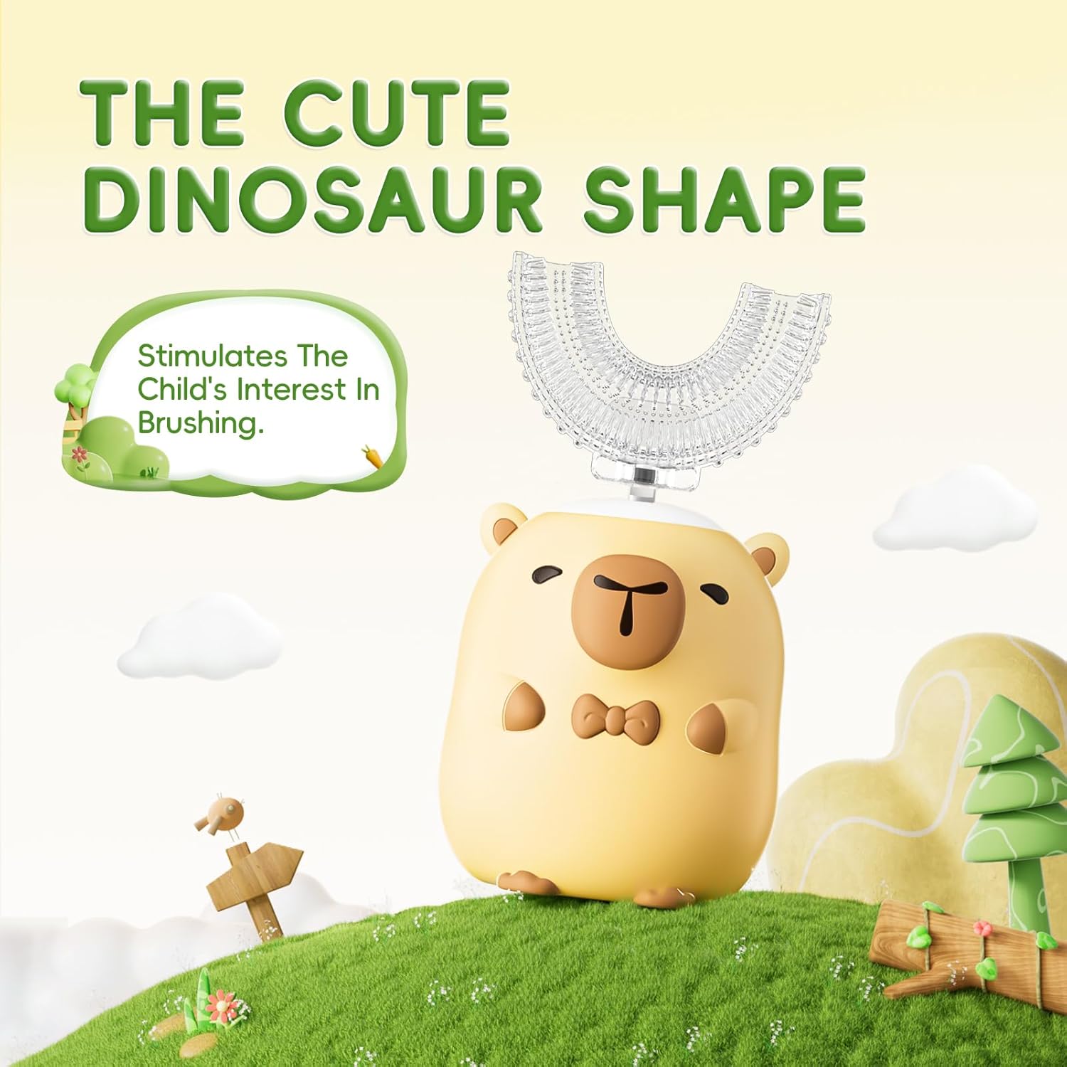 Cepillo de dientes eléctrico para niños en forma de U  Capybara de dibujos animados con 6 cabezales de cepillo, limpieza de grado completo, cepillo