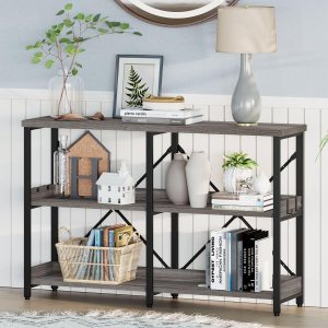 BON AUGURE Mesa consola industrial para sofá detrás del sofá, mesa de entrada de metal de madera con estantes, mesas estrechas de 3 niveles para BON AUGURE Mesa consola industrial para sofá detrás del sofá, mesa de entrada de metal de madera con estantes, mesas estrechas de 3 niveles para