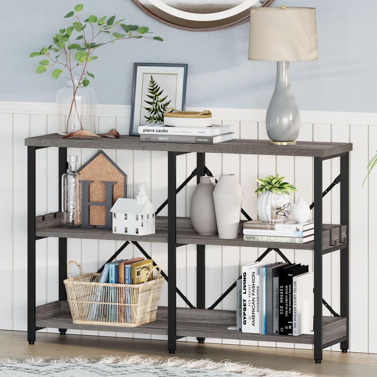BON AUGURE Mesa consola industrial para sofá detrás del sofá, mesa de entrada de metal de madera con estantes, mesas estrechas de 3 niveles para