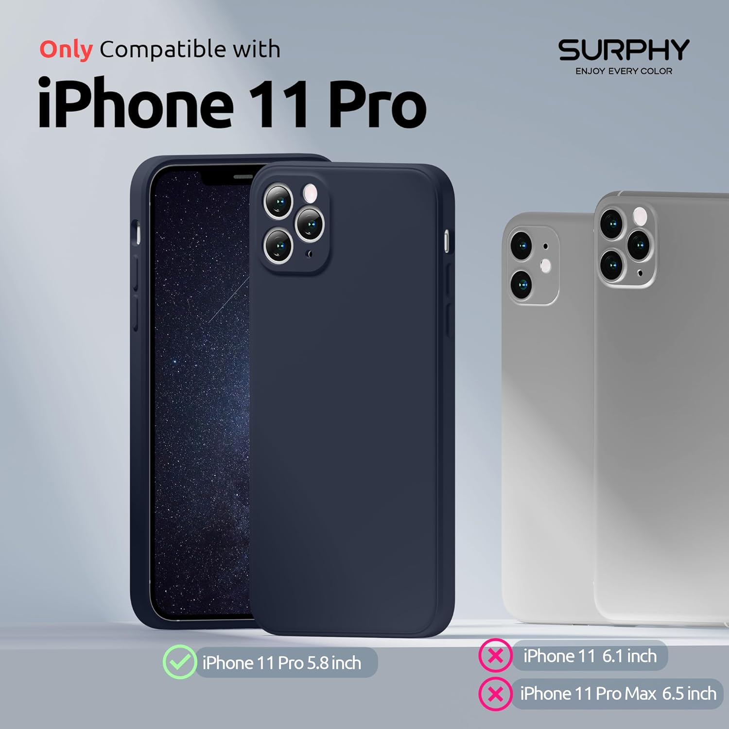SURPHY Funda de silicona cuadrada compatible con iPhone 11 Pro de 5.8 pulgadas, bordes cuadrados de silicona líquida (protección individual para