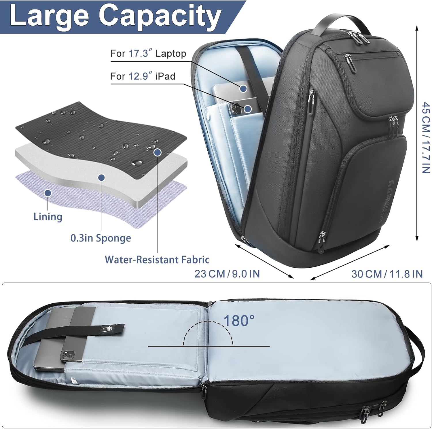 Mochila de negocios para hombre, mochilas antirrobo inteligentes para laptop de 17.3 pulgadas con puerto de carga USB, resistente al agua, mochila