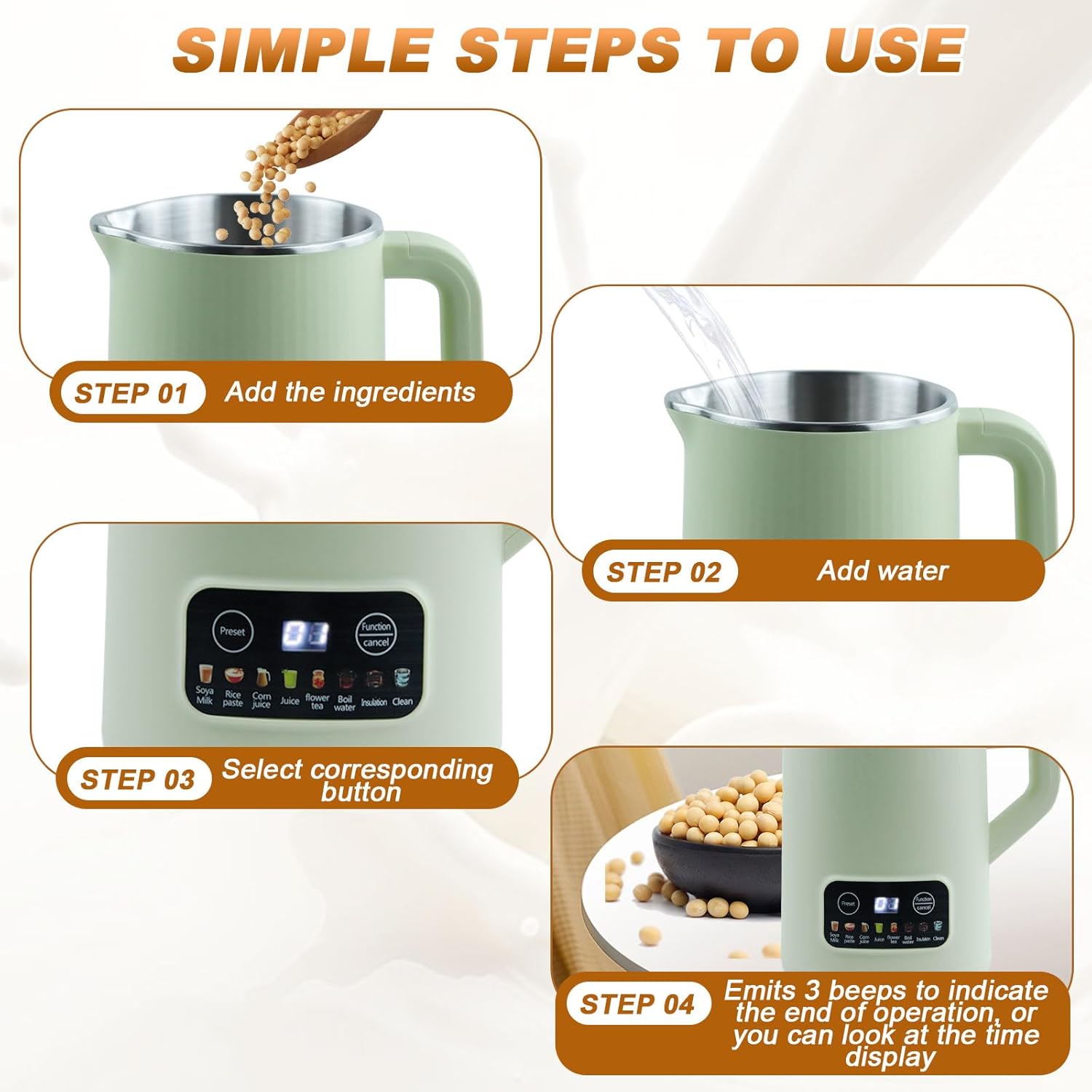 Máquina para hacer leche de nueces, máquina de limpieza automática de leche de soja de 20 onzas con 8 modos y 10 hojas de hojas, almendras caseras,