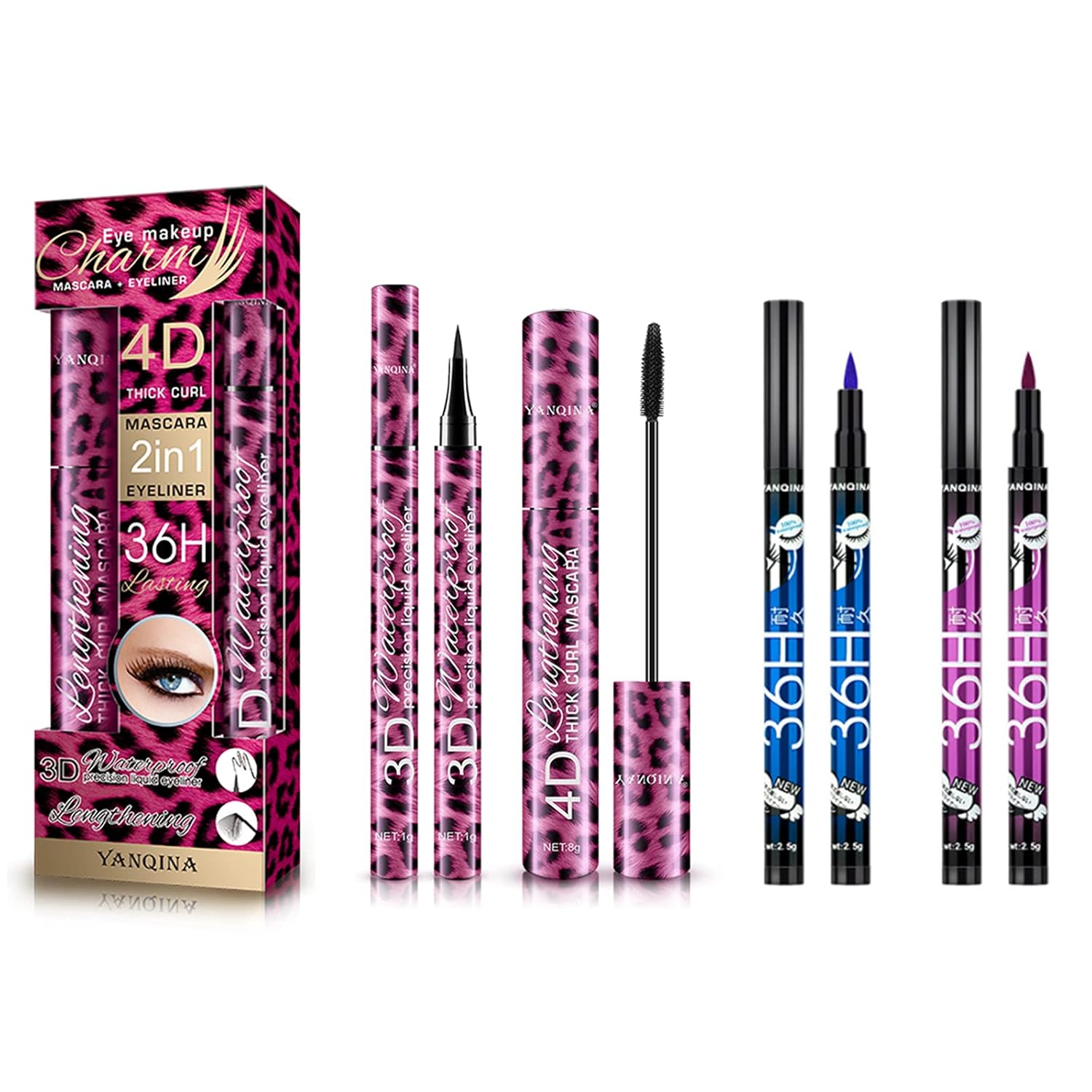 Máscara de pestañas de fibra de seda 4D con delineador de ojos de 3 colores. Serie leopardo 4 en 1. Natural impermeable y a prueba de sudor.