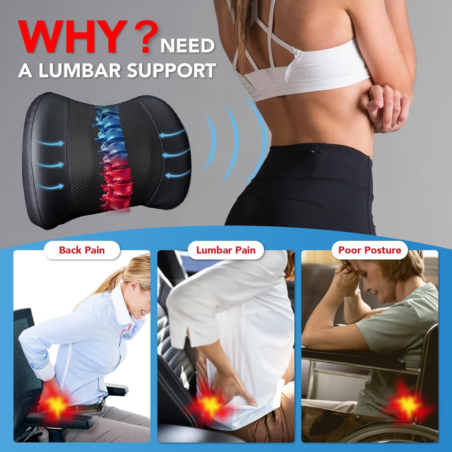 Almohada de apoyo lumbar almohada lumbar de espuma viscoelástica para aliviar el dolor de espalda baja – Cojín de respaldo de coche para conducir –