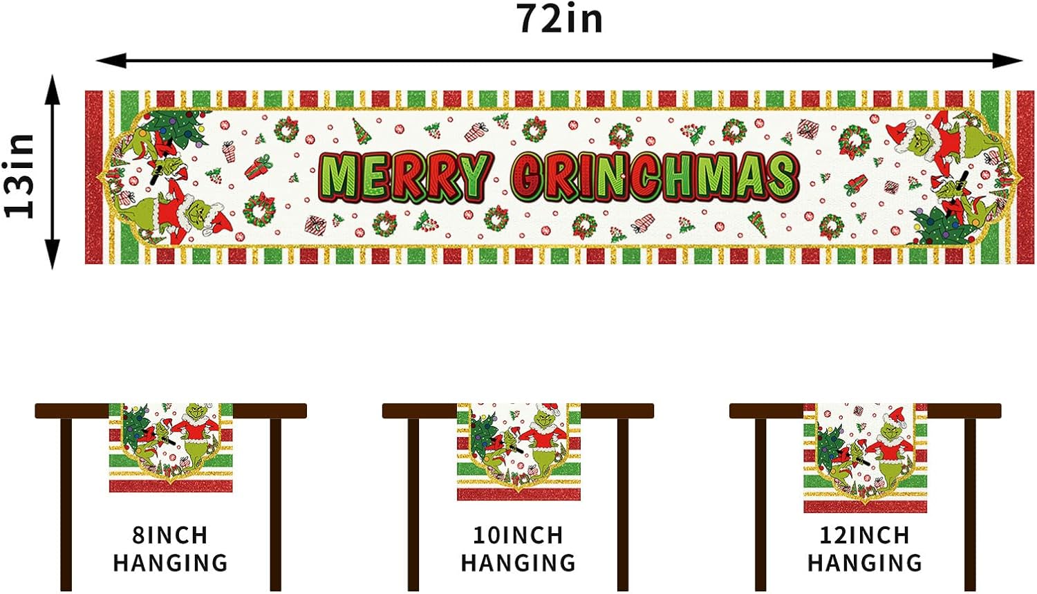 Camino de mesa navideño de lino Grinch con texto en inglés “Merry Grinchmas”, decoración y suministros para el hogar, mesa de cocina, 13 x 72