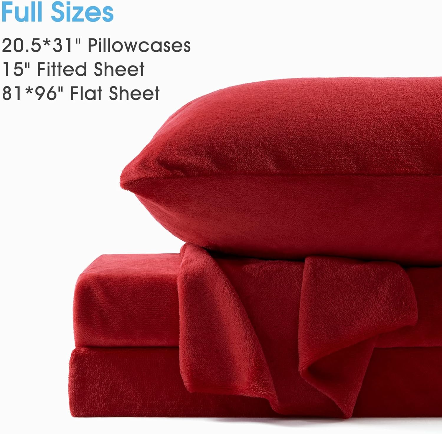 BYSURE Sábanas de franela de doble cara (tamaño matrimonial, rojo), sábanas de microfibra aterciopelada de 4 piezas de 15 pulgadas, ropa de cama de
