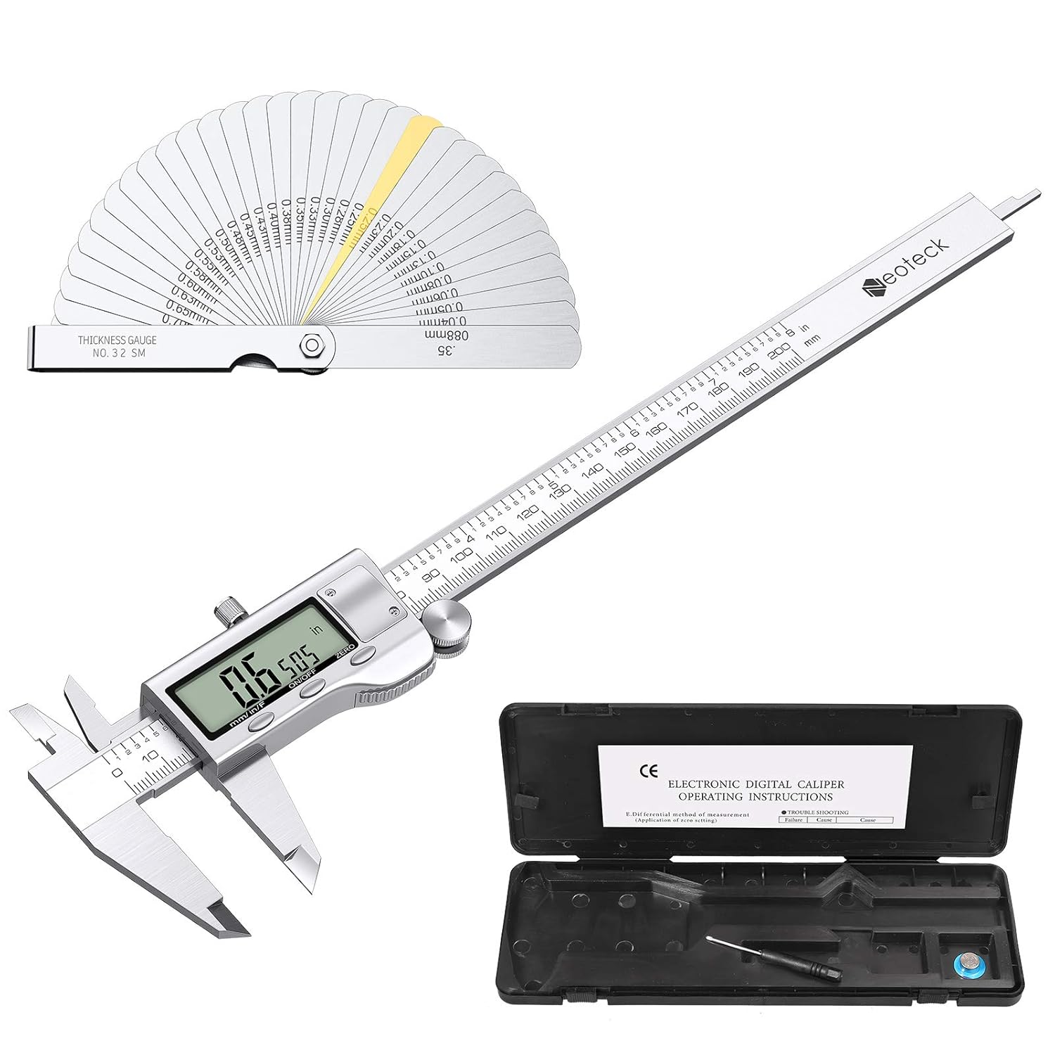 Neoteck Juego de calibrador digital de 8 pulgadas y calibrador de espesor, de acero inoxidable, herramienta de medición de pinza Vernier