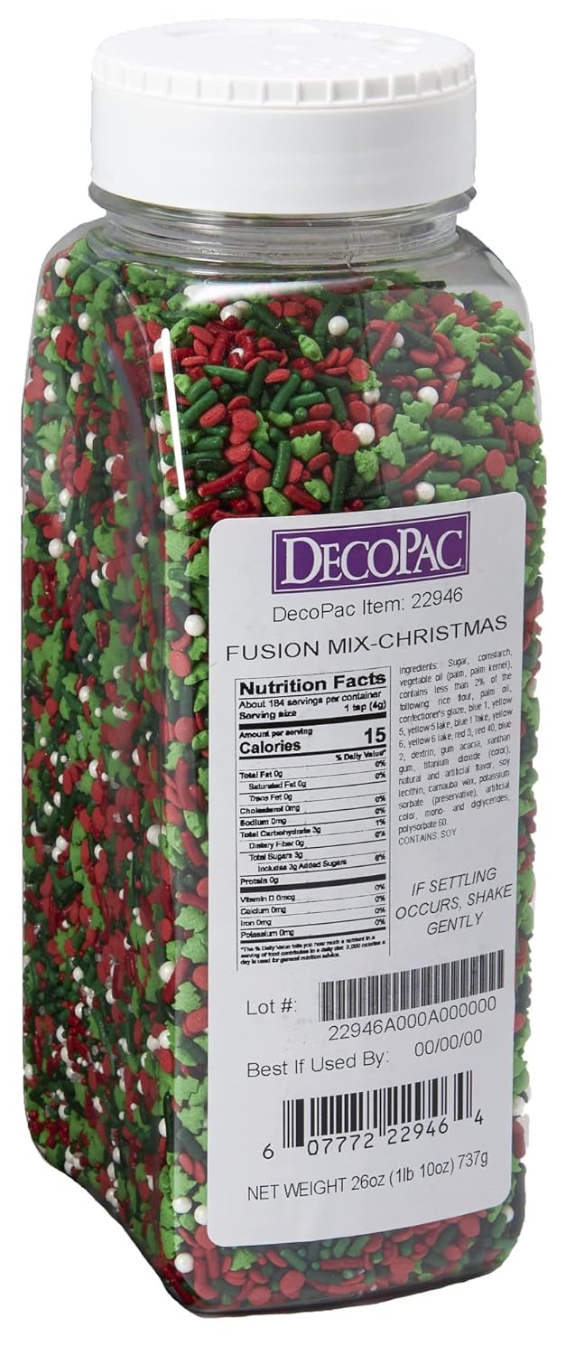DECOPAC Christmas Fusion Mix – Gránulos de caramelo de 26 onzas, gránulos elegantes en recipiente de mano, gránulos comestibles festivos para