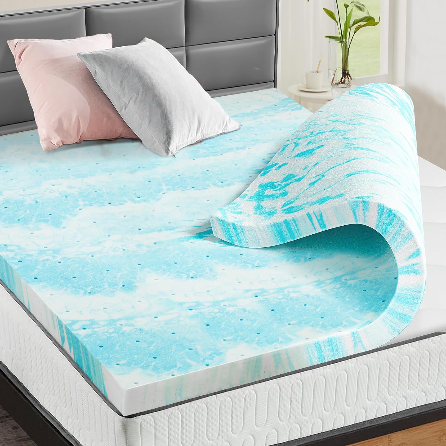 OLIXIS Cubrecolchón de espuma viscoelástica individual, 2 pulgadas de grosor con infusión de gel para cama de tamaño individual, almohadillas de