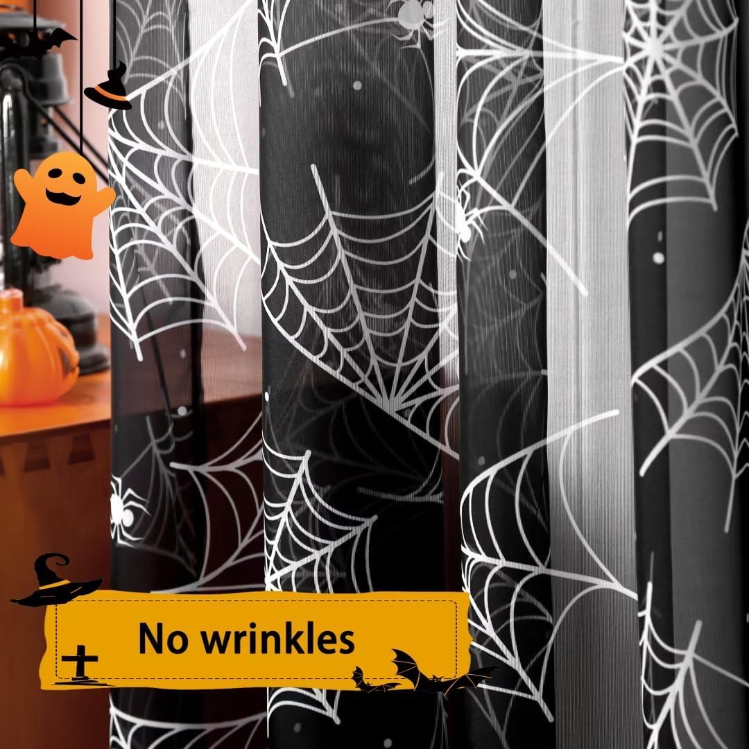 Karseteli Cortinas de Halloween para sala de estar, cortinas transparentes negras de 84 pulgadas de largo, 2 paneles de decoración de Halloween para