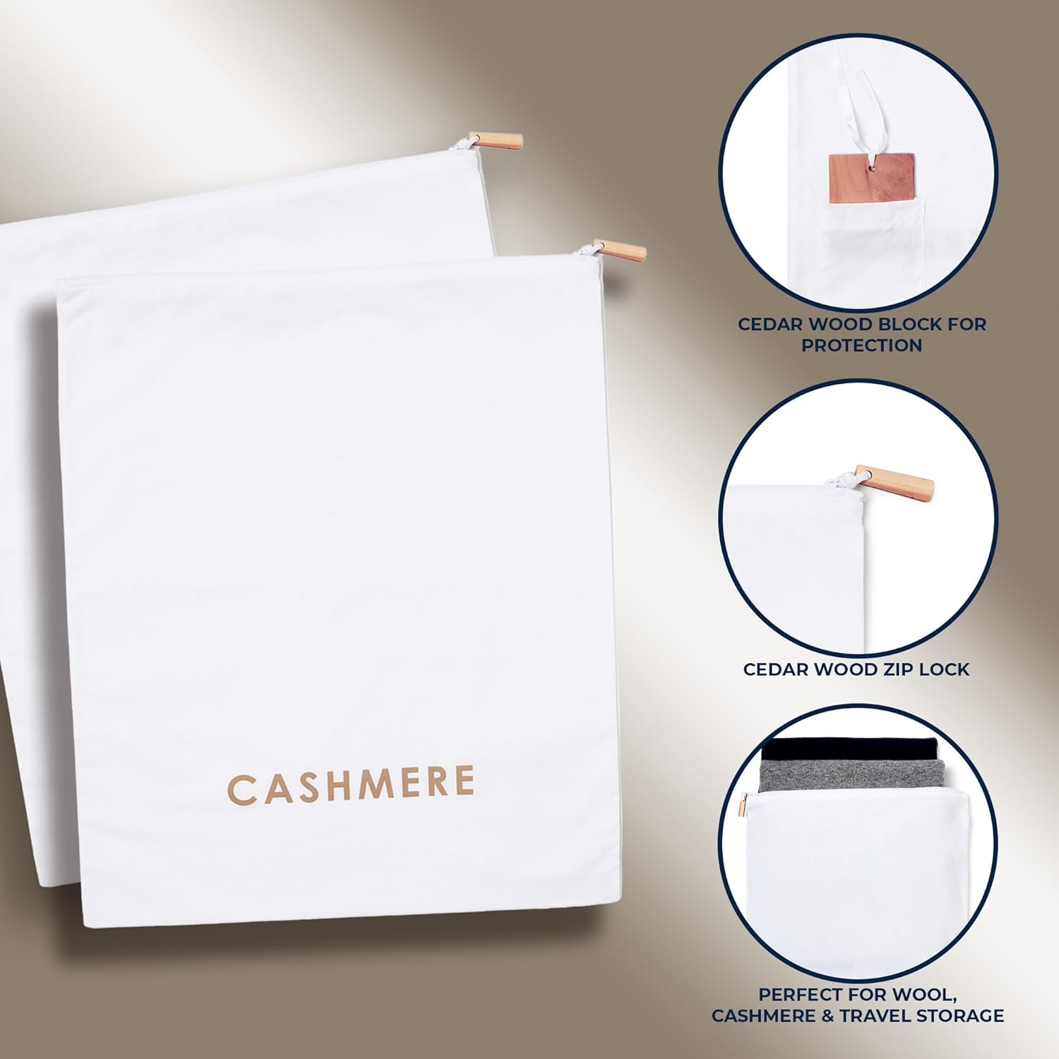 Conjunto de bolsa de almacenamiento de suéter de lana de cachemira con madera de cedro integrada