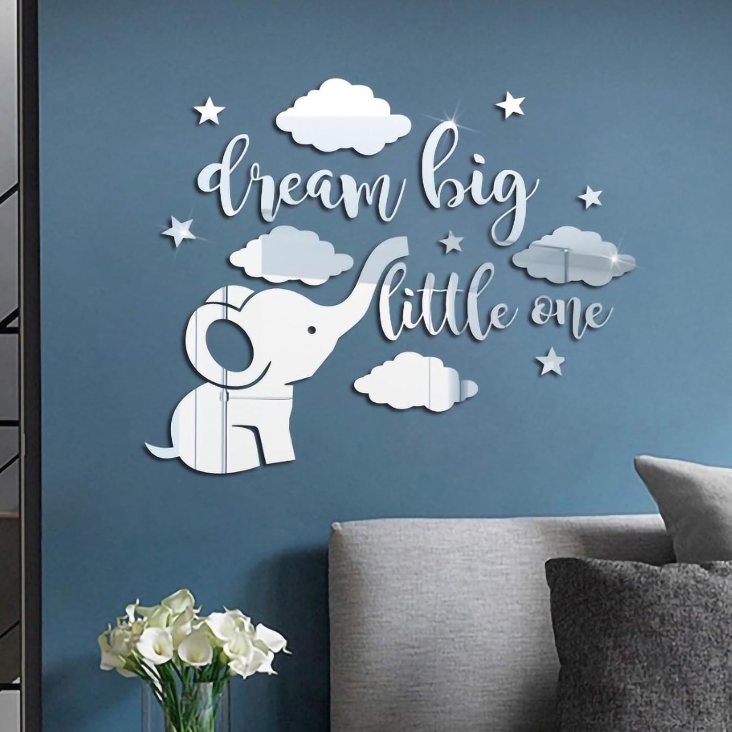 Pegatinas de pared de espejo acrílico 3D Dream Big Little One Elefante calcomanías de pared Sala de estar Decoración de habitación de niños