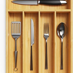 Organizador de cajones de cocina de bambú, organizador de cubiertos para cajones de cocina, bandeja de utensilios y almacenamiento de cubiertos para Organizador de cajones de cocina de bambú, organizador de cubiertos para cajones de cocina, bandeja de utensilios y almacenamiento de cubiertos para