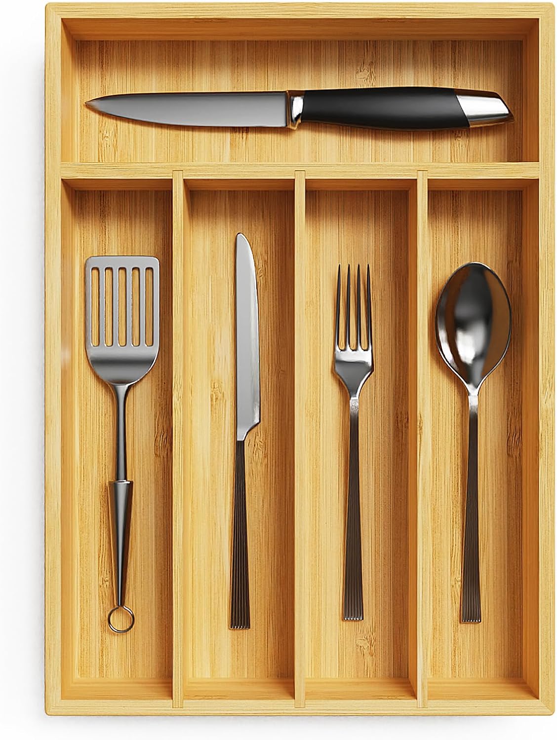Organizador de cajones de cocina de bambú, organizador de cubiertos para cajones de cocina, bandeja de utensilios y almacenamiento de cubiertos para