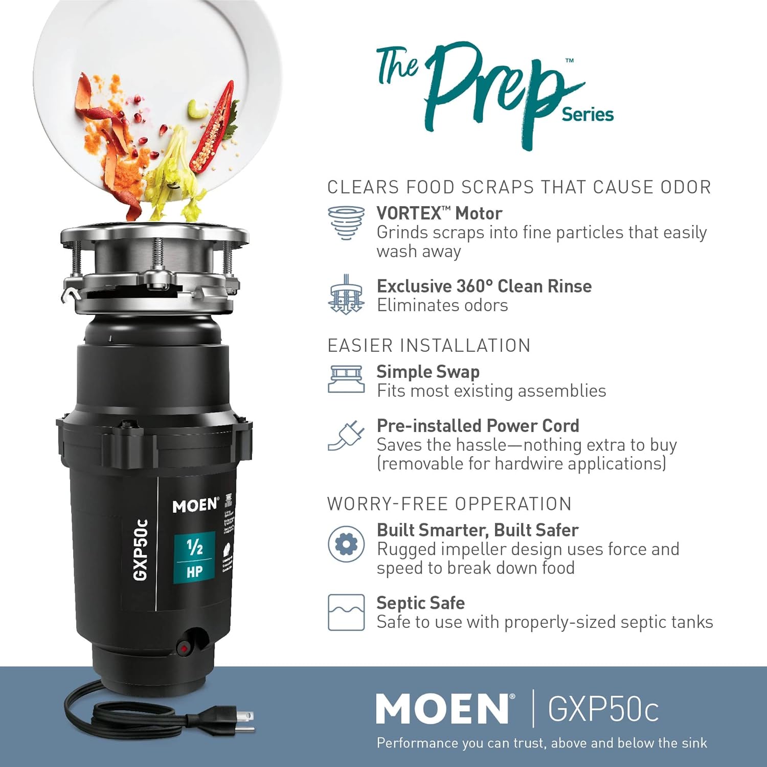 Moen Prep Series PRO – Triturador de basura compacto de alimentación continua de 12 HP, cable de alimentación incluido, GXP50C y kit de conector de