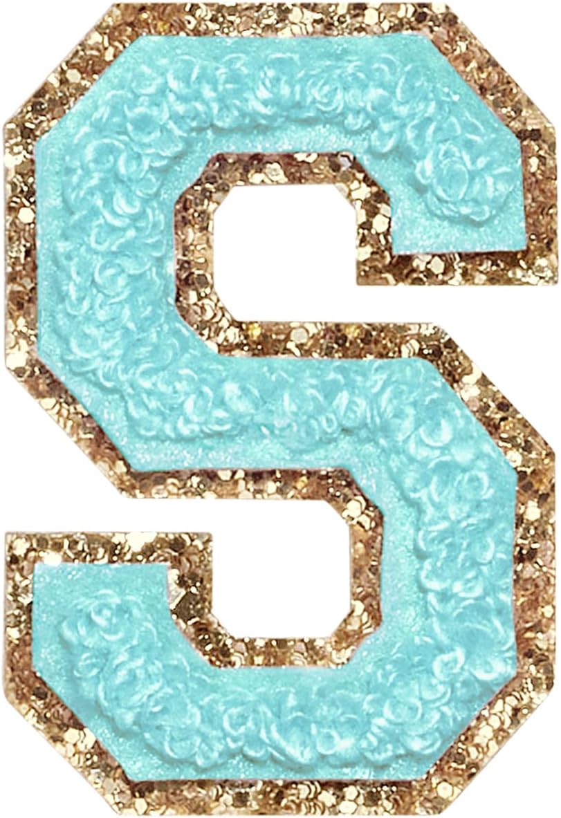 Parches de letras de felpilla para planchar con purpurina, parches bordados con borde dorado, parches para coser en ropa, sombrero, camisa, bolsa