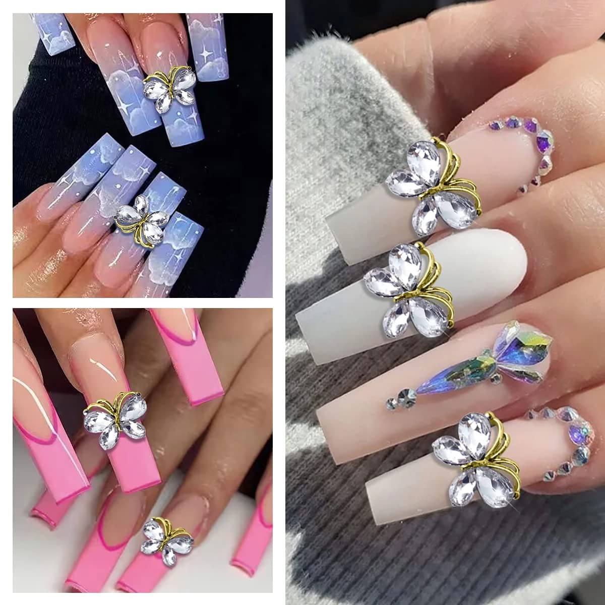 10 dijes de aleación 3D de mariposa para uñas, gemas de uñas, diamantes de imitación brillantes con forma de mariposas de cristal, accesorios para
