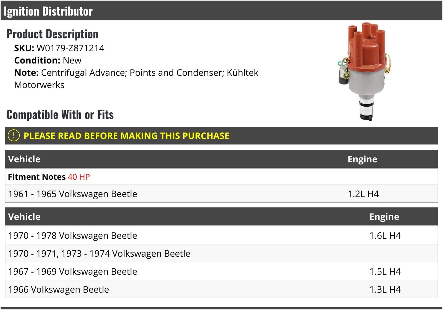 Distribuidor de encendido con tapa y rotor – Avance centrífugo, puntos y condensador – Compatible con Volkswagen Beetle 1961-1978