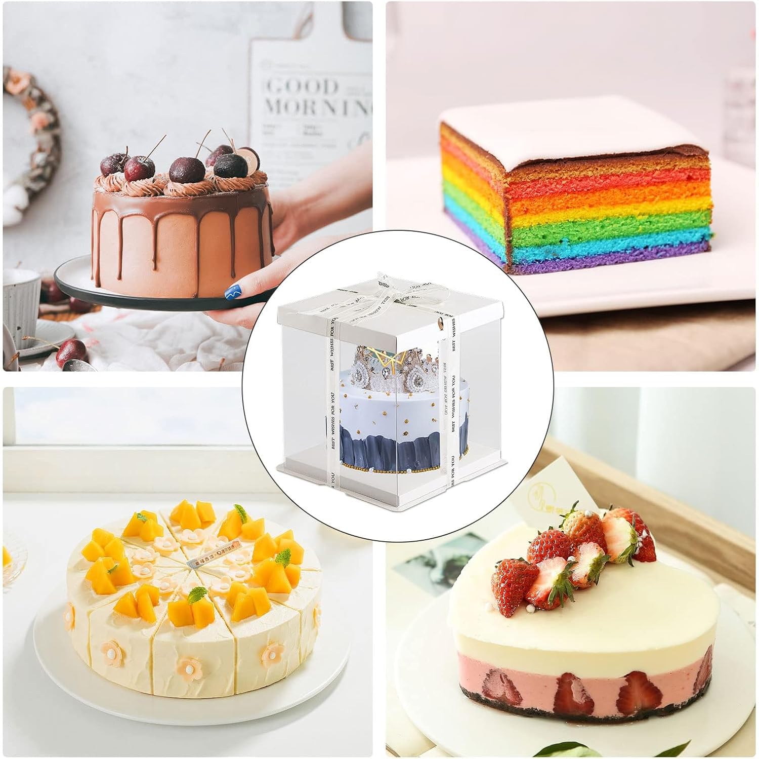10 cajas transparentes para tartas de 7 x 7 x 8 pulgadas, caja alta para pasteles con tapa y cinta de 148 pies, cajas altas para tartas de nivel