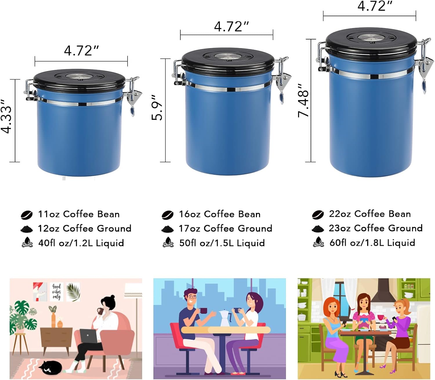 ShanSon Recipiente hermético de café de acero inoxidable con válvula de liberación de CO2 y recipiente de café para granos, molidos, azúcar, harina,