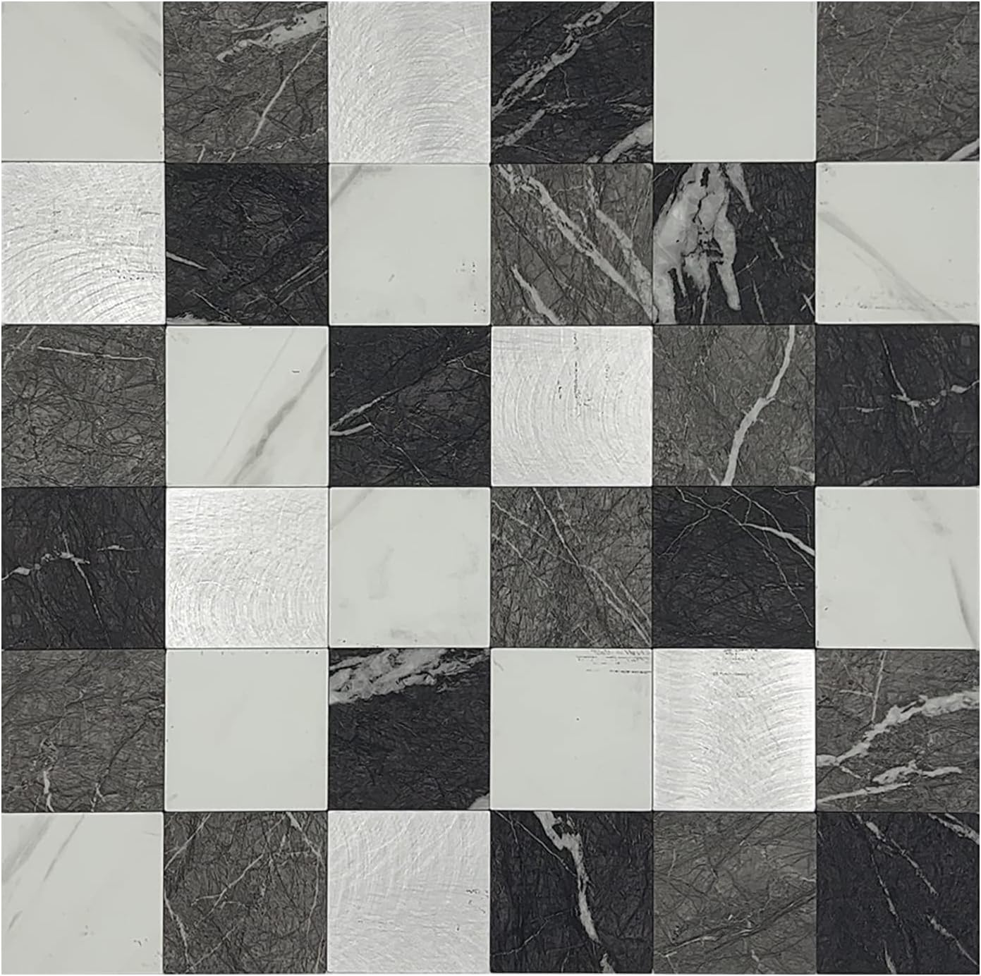 Crystiles Medley – Azulejos de PVC y aluminio de 12 x 12 pulgadas, para despegar y pegar, mármol negro y metal cepillado, paquete de 12 unidades