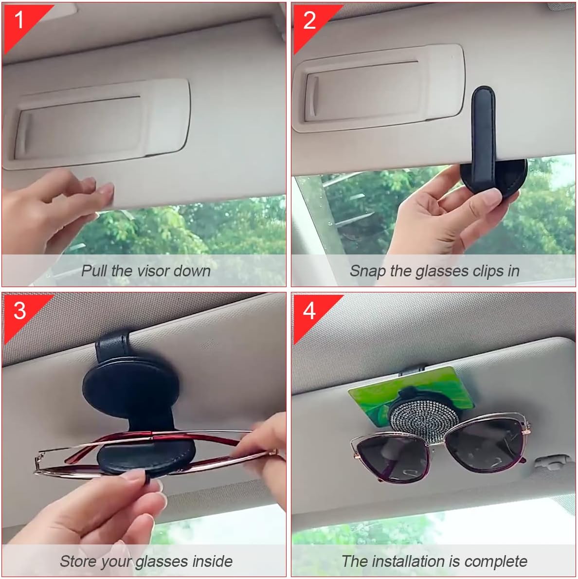 Blilo Soporte brillante para lentes de sol para visera solar de automóvil, soporte magnético de cuero para lentes con clip para tarjeta de boleto,