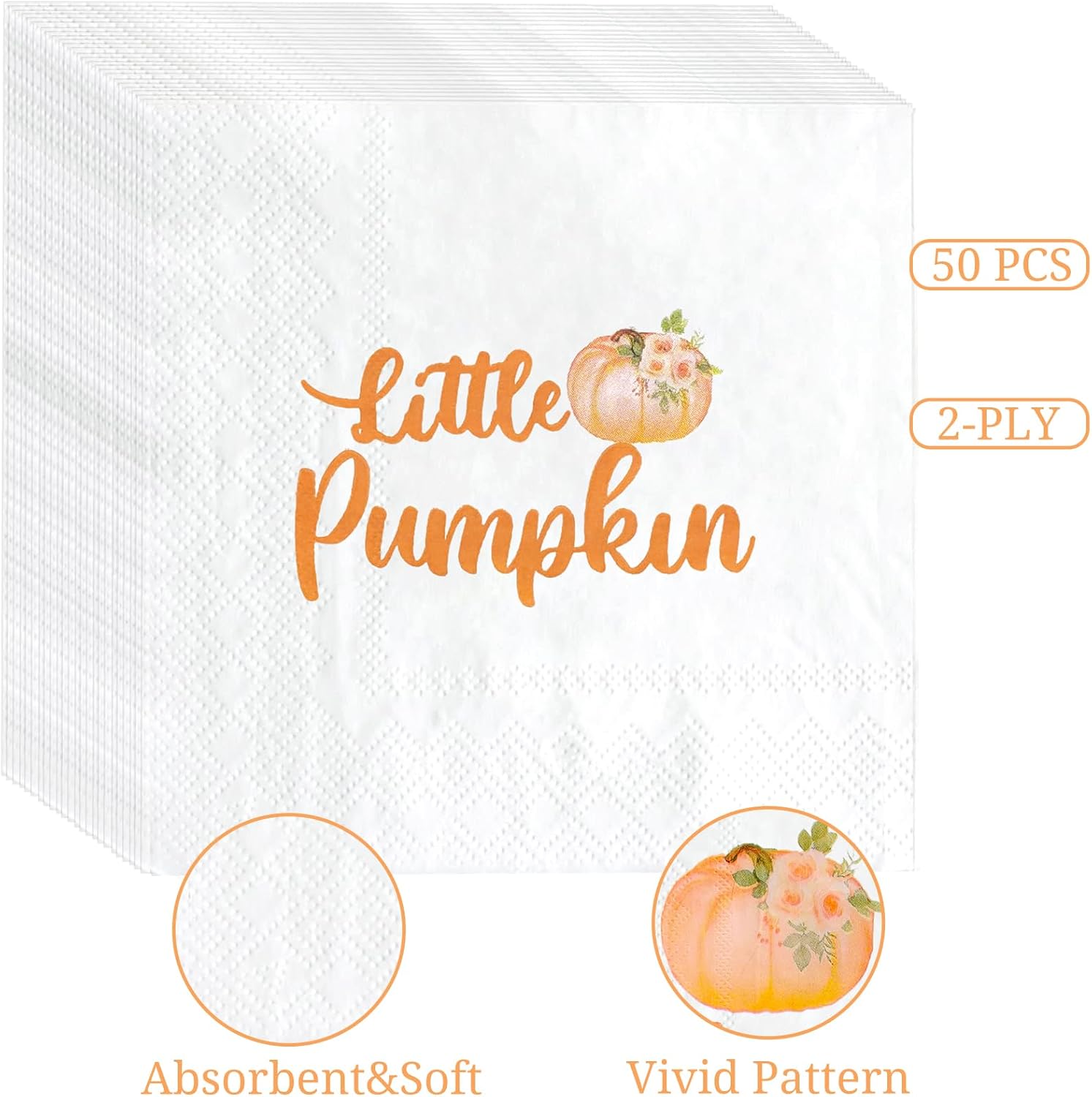 Servilletas de calabaza naranja de 6.5 x 6.5 pulgadas para otoño, cumpleaños, baby shower, ideas de vajilla con texto en inglés “What Will Little