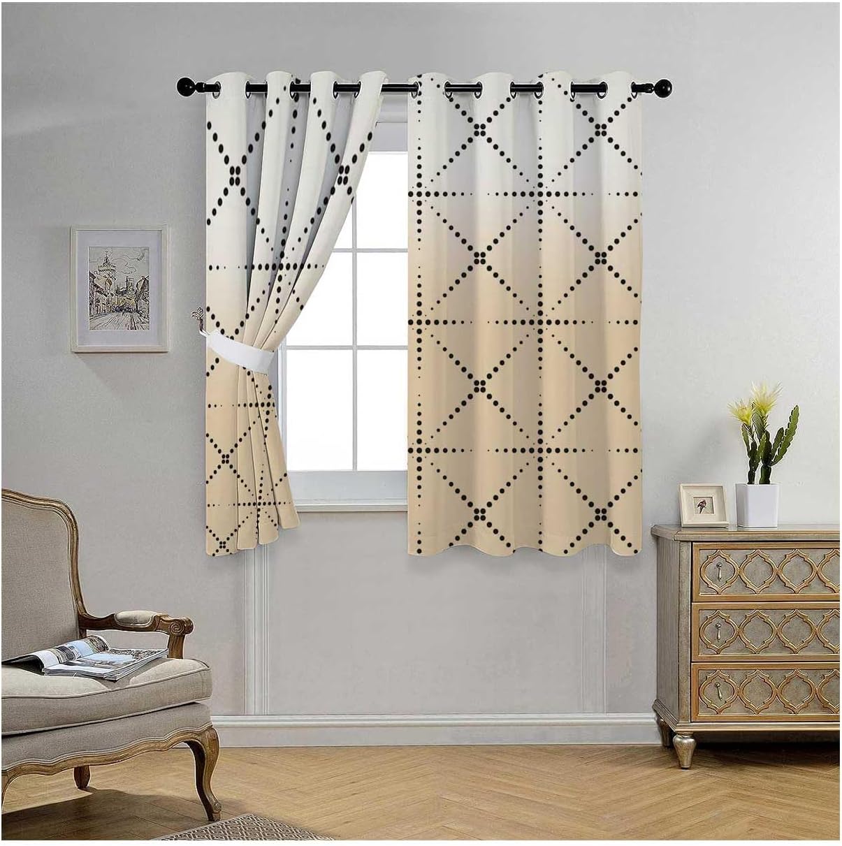 YANFENQI Curtain for Living Room Cream Coloured Geometric Checked Curtains for Closet with No Door Cortinas para Ventanas De Cuarto 63Inch Width by
