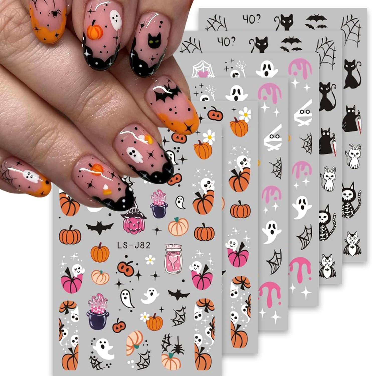 Calcomanías de arte de uñas de Halloween, calcomanías 3D, autoadhesivas, lindas calcomanías de calabaza fantasma, calcomanías de uñas de murciélago,